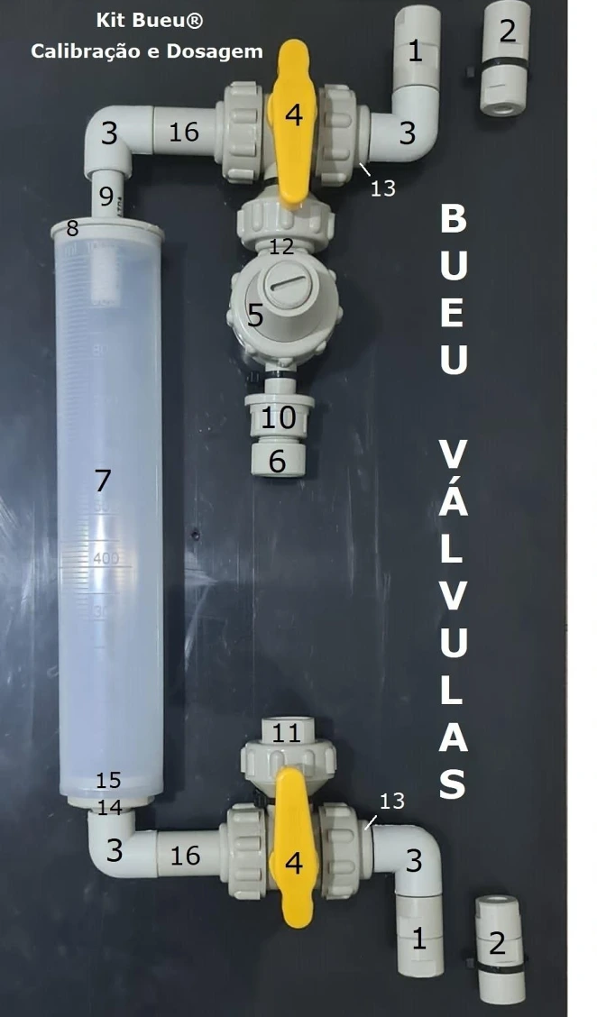 Kit Bueu para Emec e Seko com proveta e conjunto de válvulas e conexões numeradas