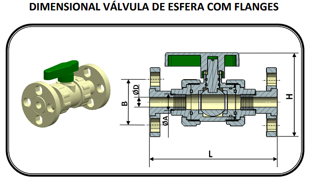 Desenho dimensional e corte da válvula esfera flangeada Bueu