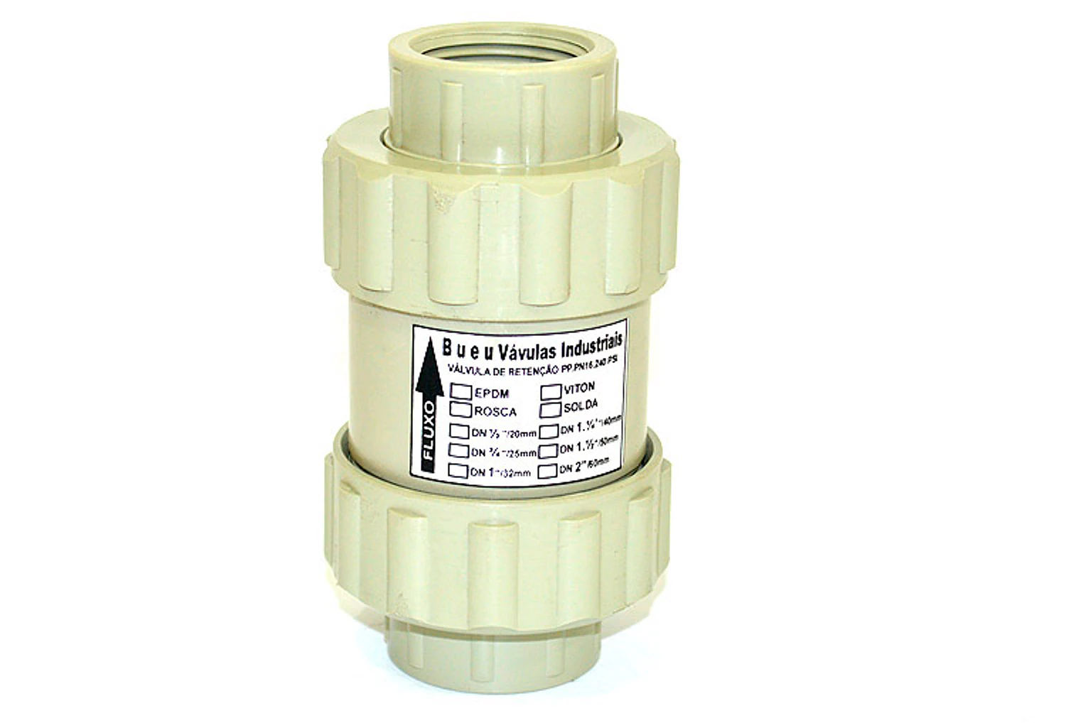 Válvula de retenção vertical Bueu com identificação do sentido de fluxo